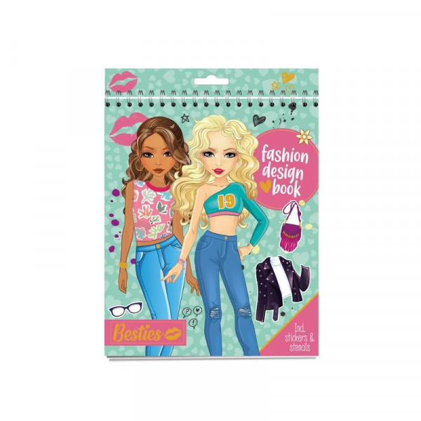 Besties - 24x20 cm divatervezõ füzet, 2 ív matrica, 2 féle színes lap, 3 sablon, 20 baba alaprajz, 2