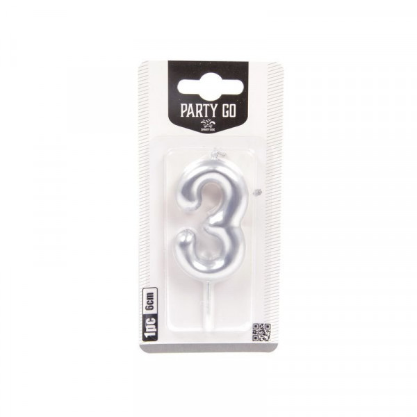 3-s szám gyertya EZÜST 6 cm