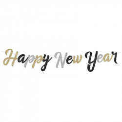 Happy New Year glitteres füzér fekete, arany, ezüst 2,5m Party dekoráció Nincs