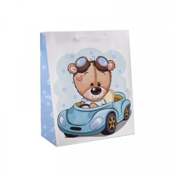Papírtasak maci kék autóban 26*32
