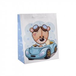 Papírtasak maci kék autóban 26*32 Díszcsomagoló, dísztasak Nincs