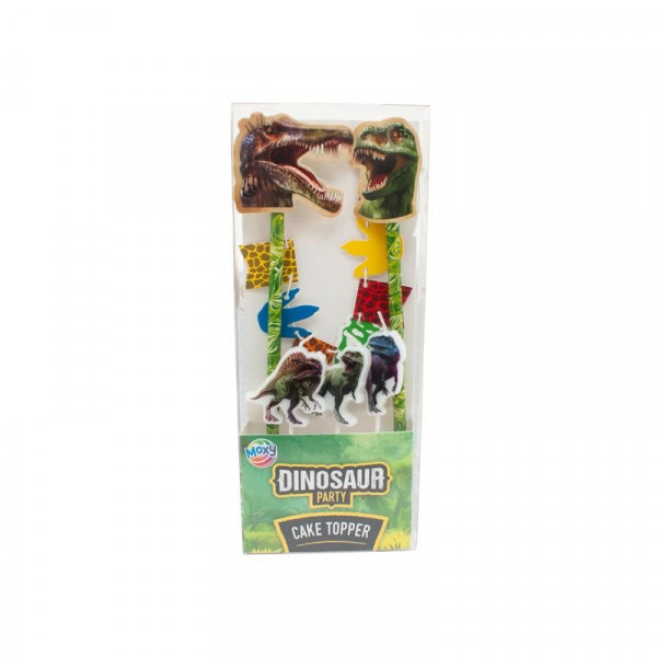 Dínós tortadíszítő: 2 pálca, girland, 3 gyertya