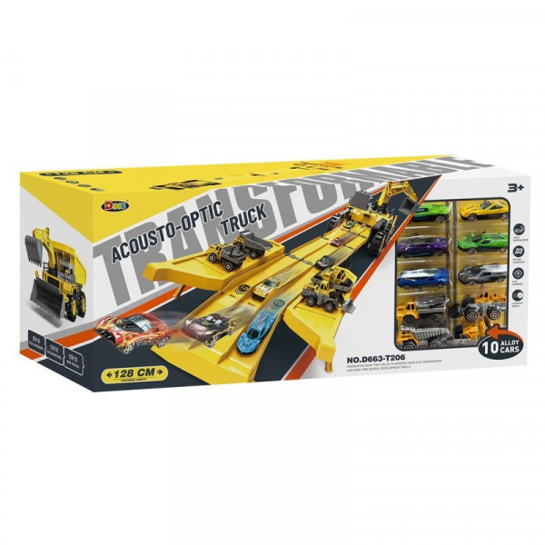 3 az 1-ben katapult teherautó zenél, világít, 6 db fém autóval és 4 db fém teherautóval