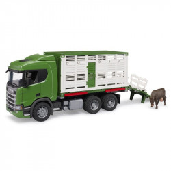 Scania Super 560R szarvasmarha-szállító teherautó 1 szarvasmarhával Autó, jármű Bruder