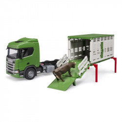 Scania Super 560R szarvasmarha-szállító teherautó 1 szarvasmarhával Autó, jármű Bruder