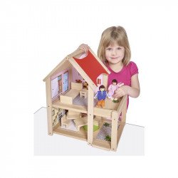 Eichhorn fa babaház bútorokkal, 2 babával Babaház, bútorok Eichhorn