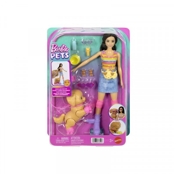 Barbie kutyasétáltó görkoris szett - barna baba