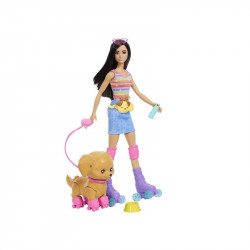 Barbie kutyasétáltó görkoris szett - barna baba